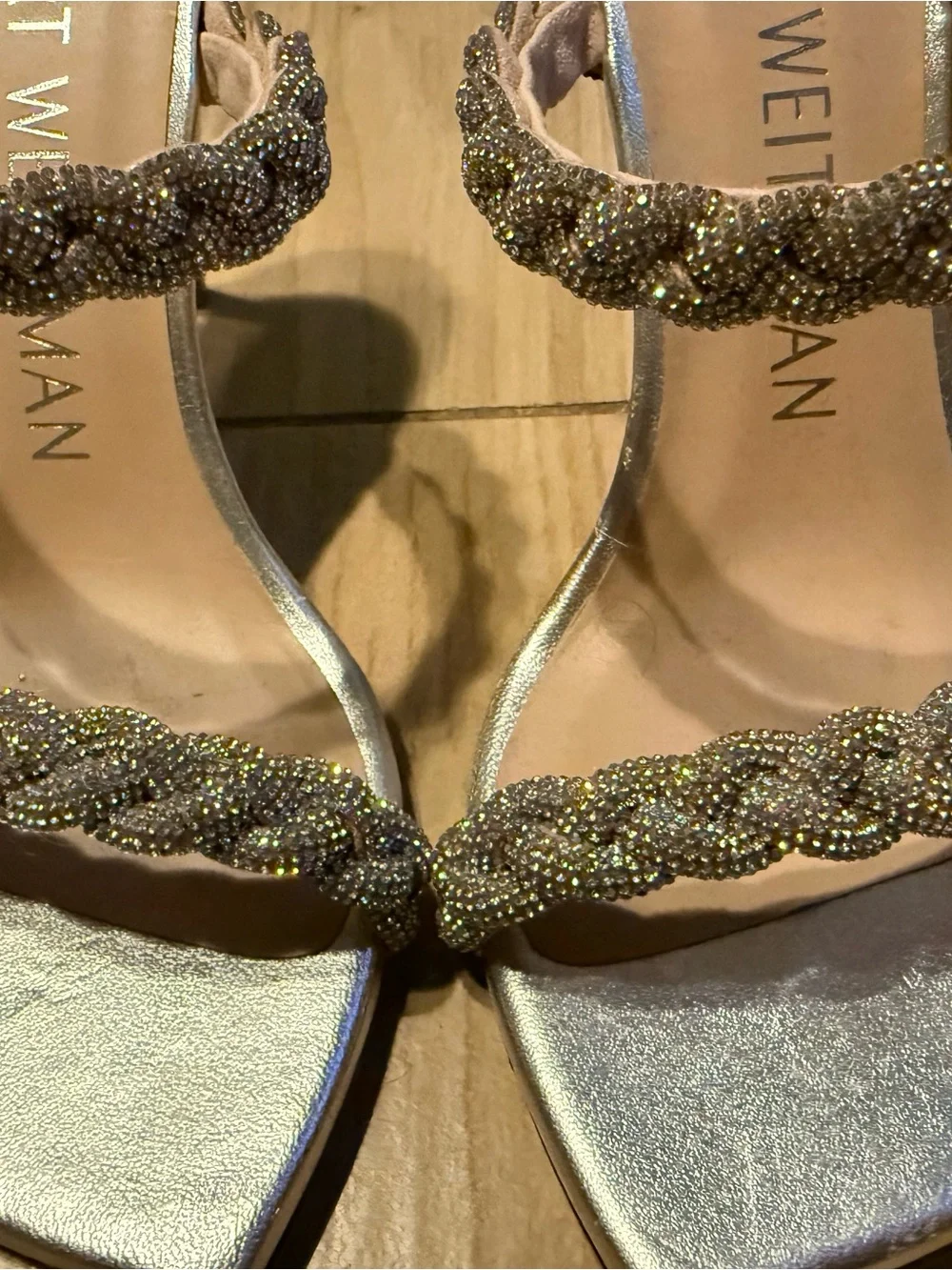 Stuart Weitzman Silver Braided Crystal Embellished Stiletto Sandals, Size 7